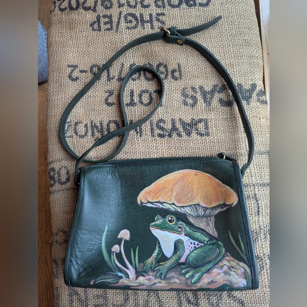 Green Leather Bag with Frog and Mushroom Handpainted Design